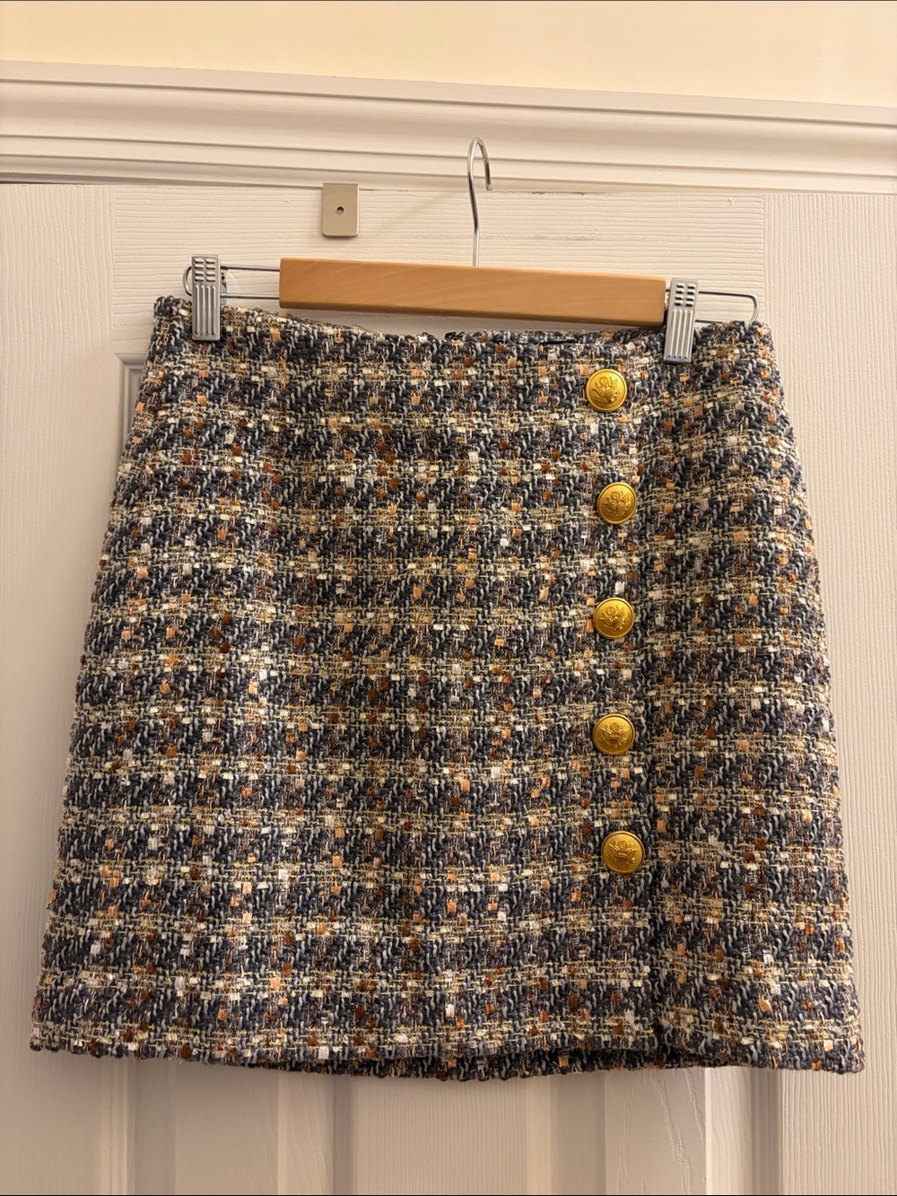 NWT Lea & Viola Gold-Button Tweed Mini Skirt - Blue Mix